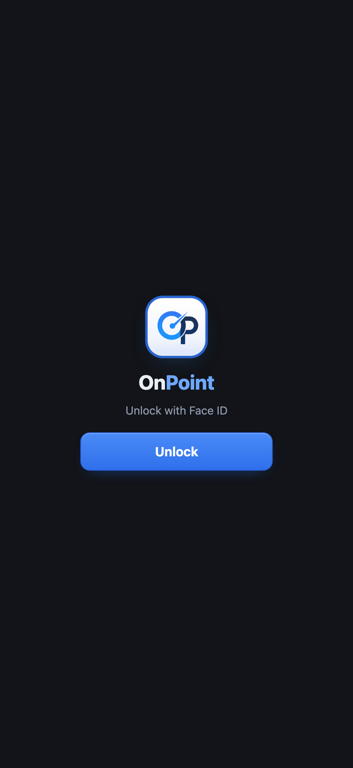 OnPoint's lock screen: the OnPoint mark with 'Unlock with Face ID' and an Unlock button on a dark background