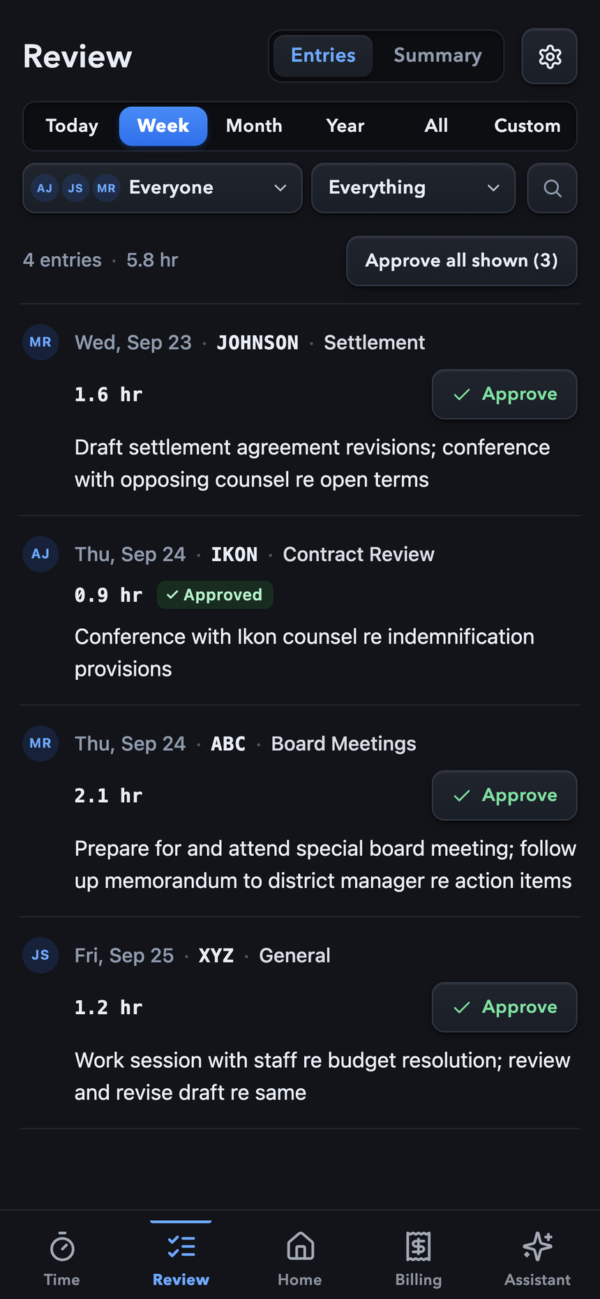 The Review tab for a reviewer: the firm's entries, each with Approve and a menu for Edit, Send back, Reassign and History